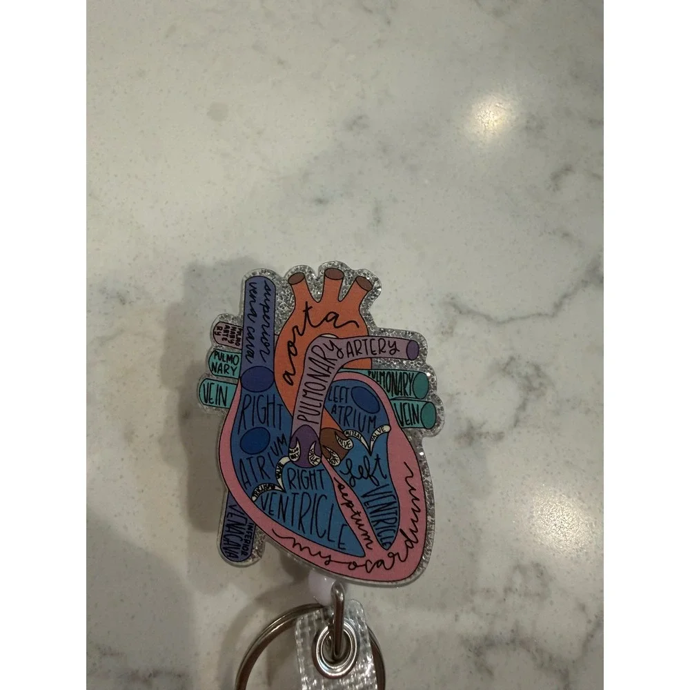 Anatomical Heart Retractable Badge Reel Alligator Clip Glitter Medical Student